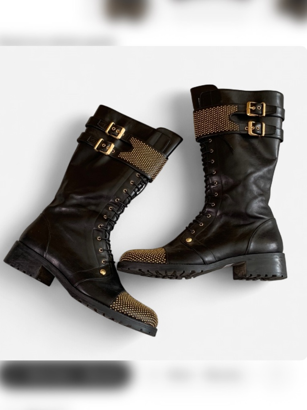 Versus Versace Black Combat Boots with Gold Stud Detailing